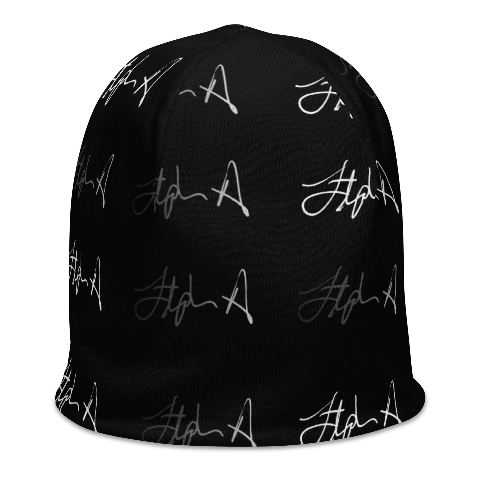 A black beanie hat featuring an all-over repeating white script logo pattern, shown against a plain white background. Stephen Allen Music