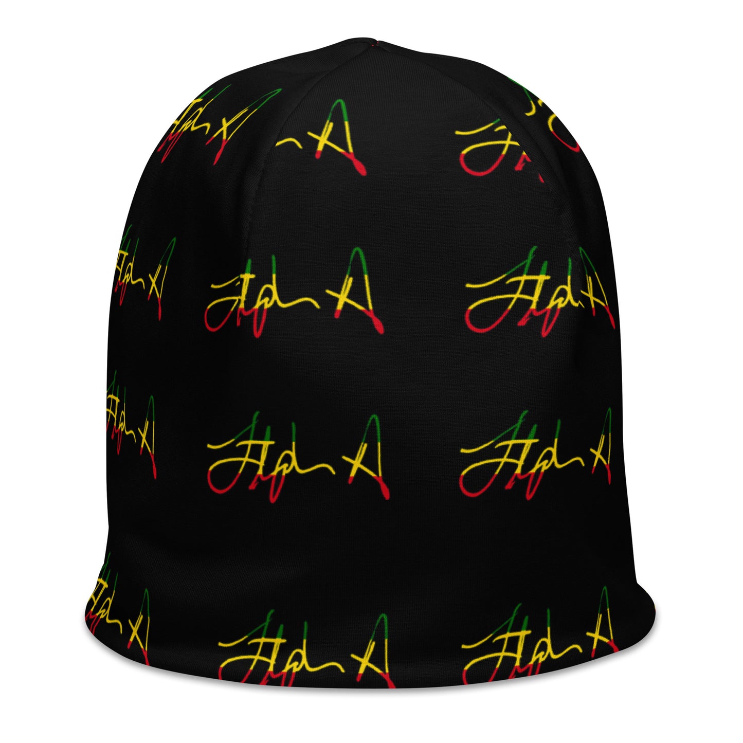A black beanie hat featuring a repeating pattern of stylized cursive script in red, yellow, and green, resembling the Rastafarian flag colors. Stephen Allen Music