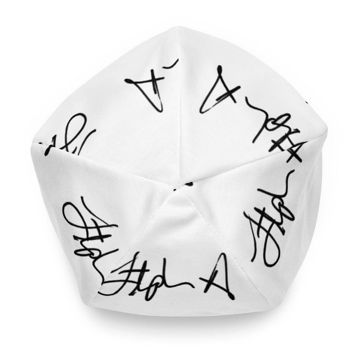 A white beanie hat featuring an all-over black script pattern, shown against a plain white background. Stephen Allen Music