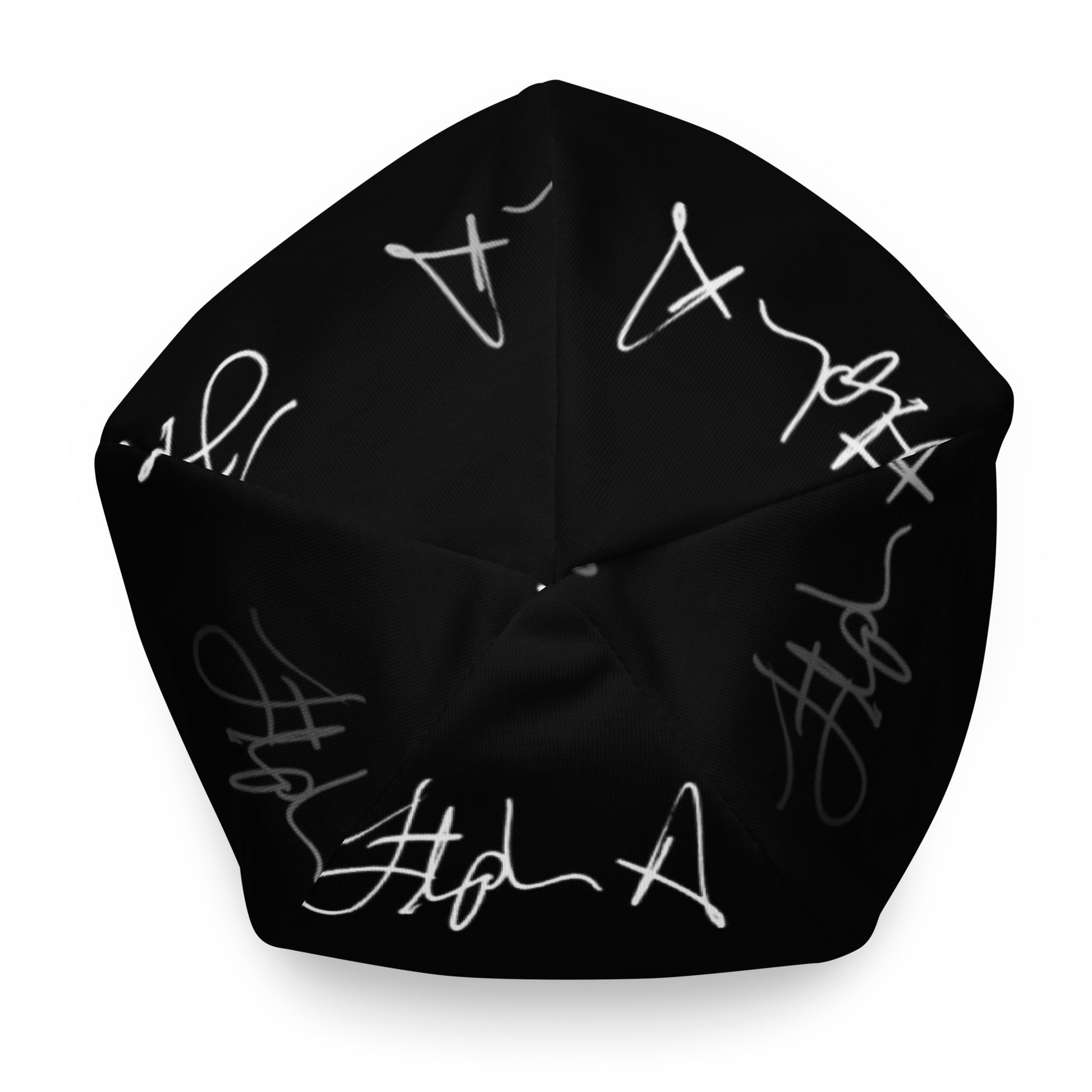 A black beanie hat featuring an all-over repeating white script logo pattern, shown against a plain white background. Stephen Allen Music