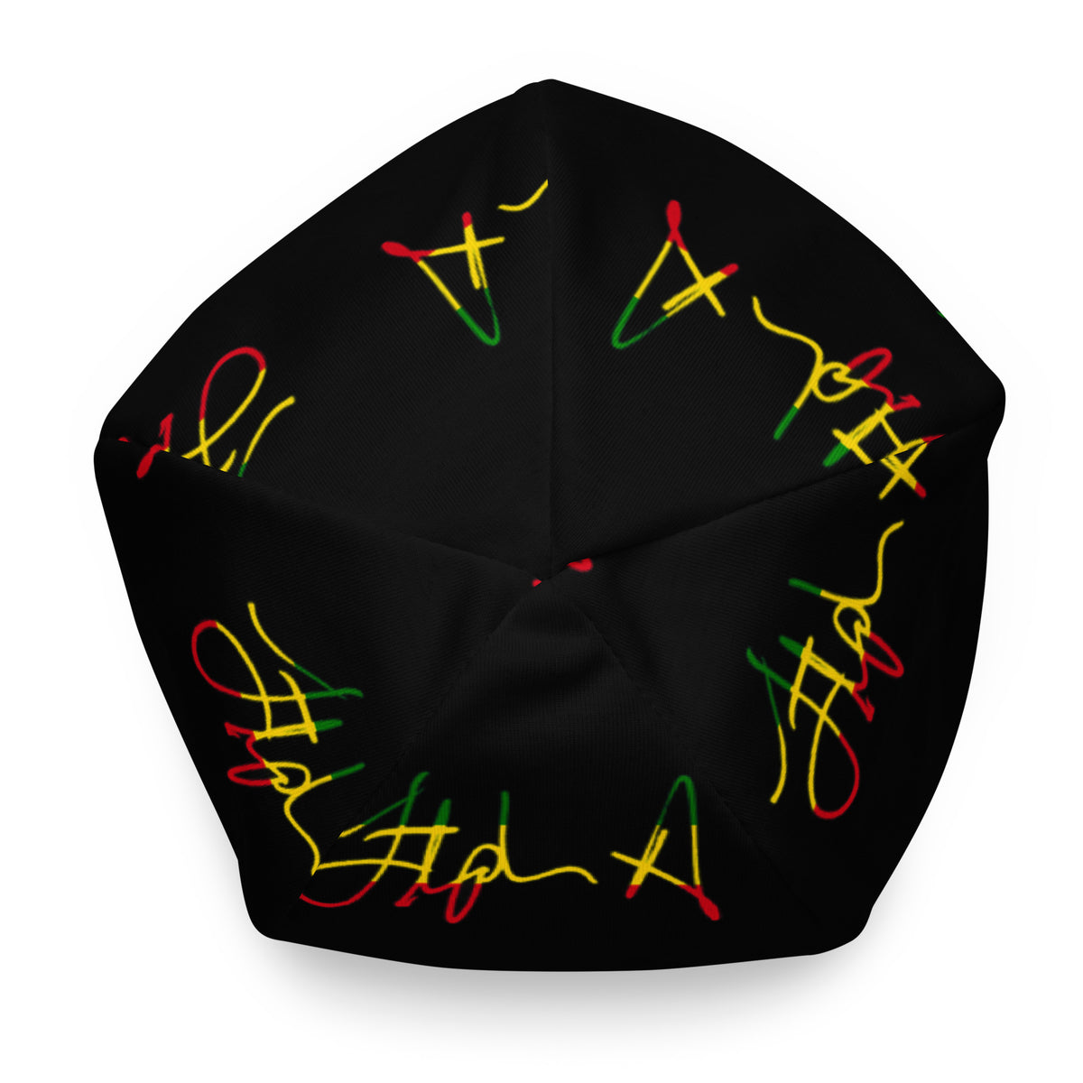 A black beanie hat featuring a repeating pattern of stylized cursive script in red, yellow, and green, resembling the Rastafarian flag colors. Stephen Allen Music