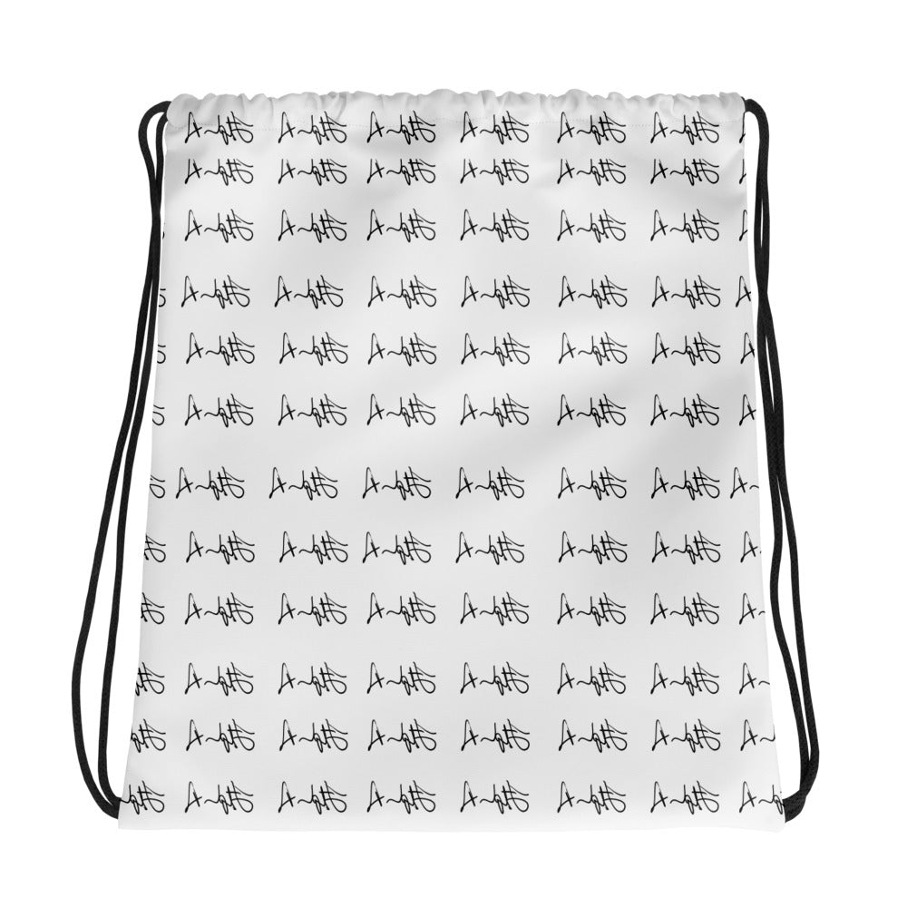 White drawstring bag with black strings on a white background Stephen Allen Music