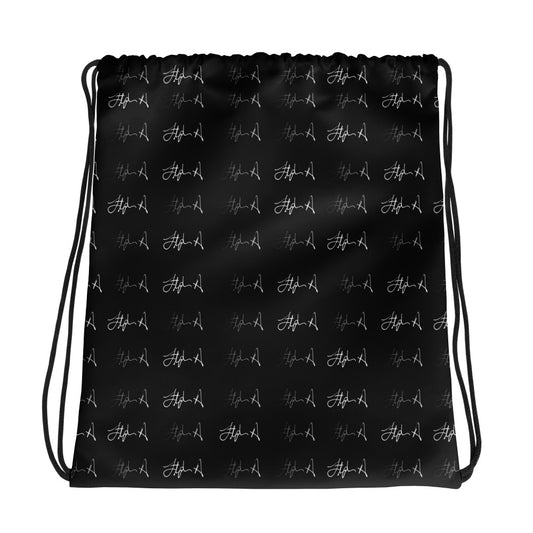 Black drawstring bag with a repeating white script logo pattern, shown against a plain white background. Stephen Allen Music