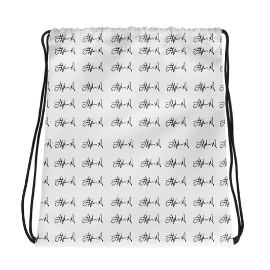 White drawstring bag with black strings on a white background Stephen Allen Music