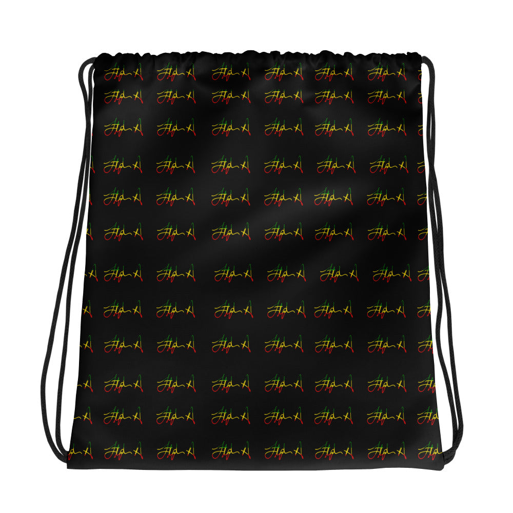A black drawstring bag with a repeating pattern of stylized yellow and red 'Stephen Allen Music' logos, shown against a plain white background.