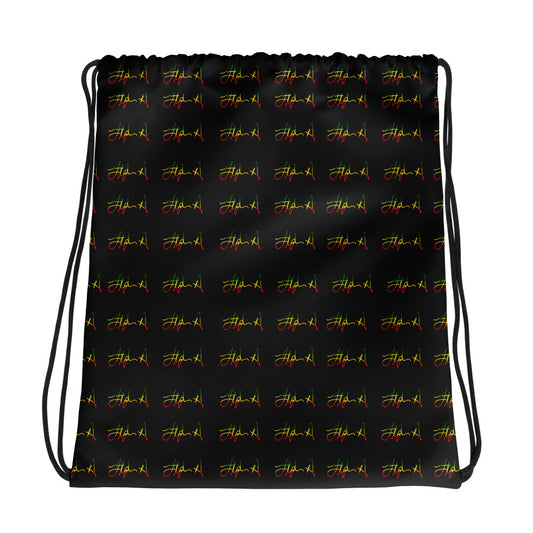 A black drawstring bag with a repeating pattern of stylized yellow and red 'Stephen Allen Music' logos, shown against a plain white background.