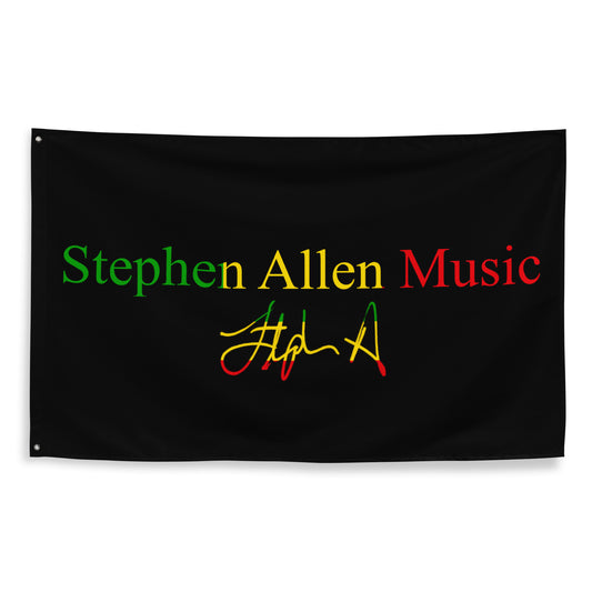 A black fabric banner or flag featuring the text 'Stephen Allen Music' in green, yellow, and red, with a stylized signature reading ' Stephen A' below in red and yellow, shown against a plain white background.