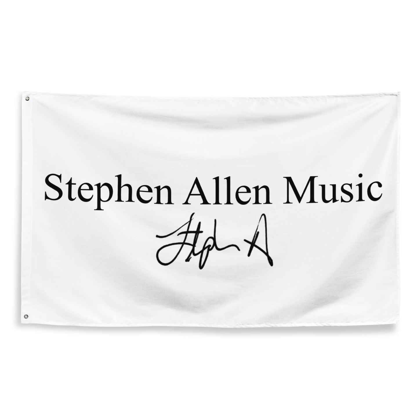 A white rectangular fabric banner or flag with the text 'Stephen Allen Music' in black serif font and a black cursive signature below, shown against a plain white background.