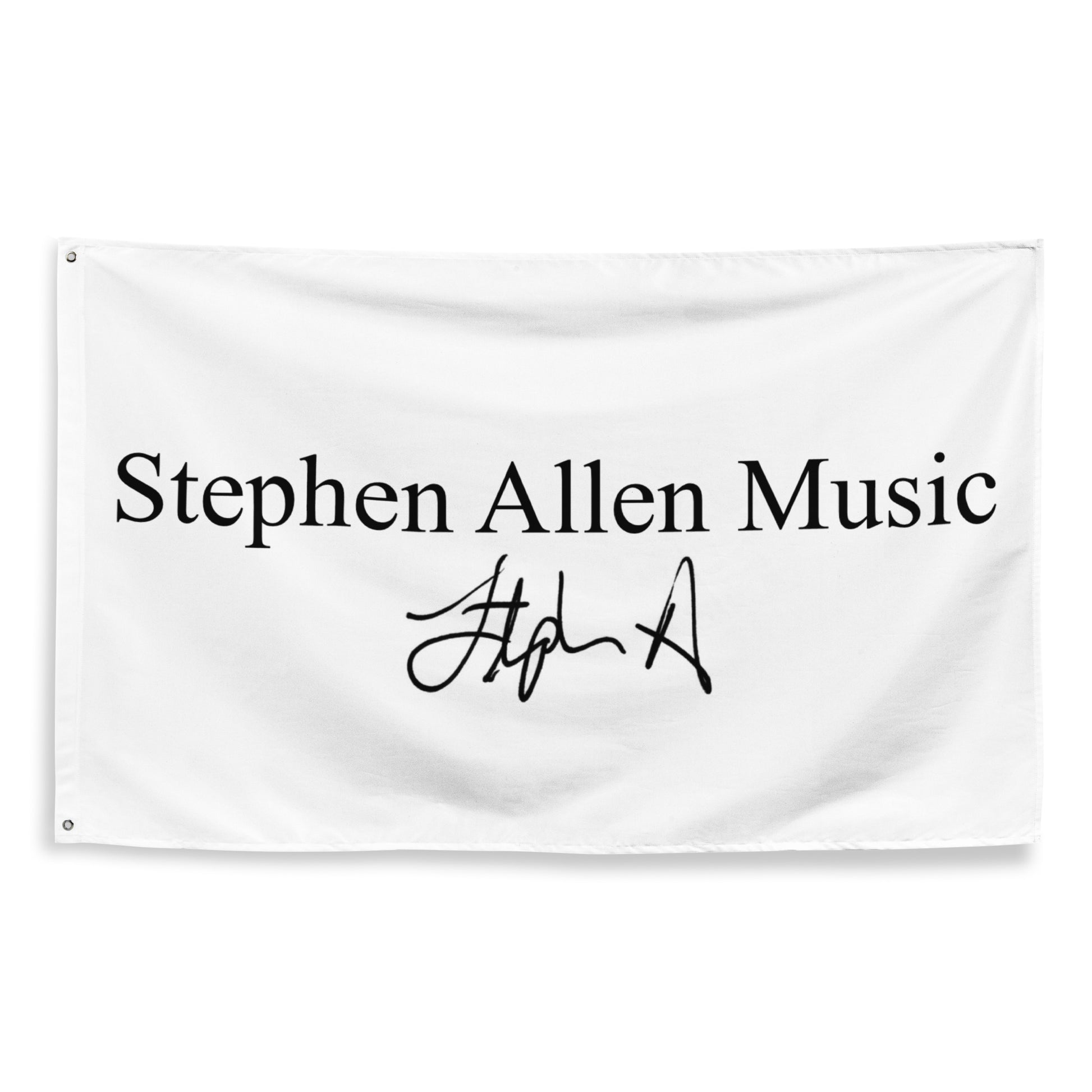 A white rectangular fabric banner or flag with the text 'Stephen Allen Music' in black serif font and a black cursive signature below, shown against a plain white background.