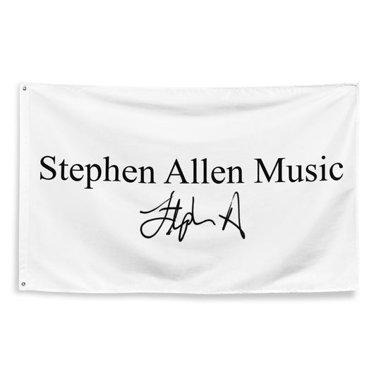 A white rectangular fabric banner or flag with the text 'Stephen Allen Music' in black serif font and a black cursive signature below, shown against a plain white background.