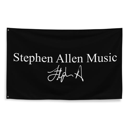 A black rectangular wall tapestry or banner featuring the white text 'Stephen Allen Music' and a white stylized signature, shown against a plain white background.
