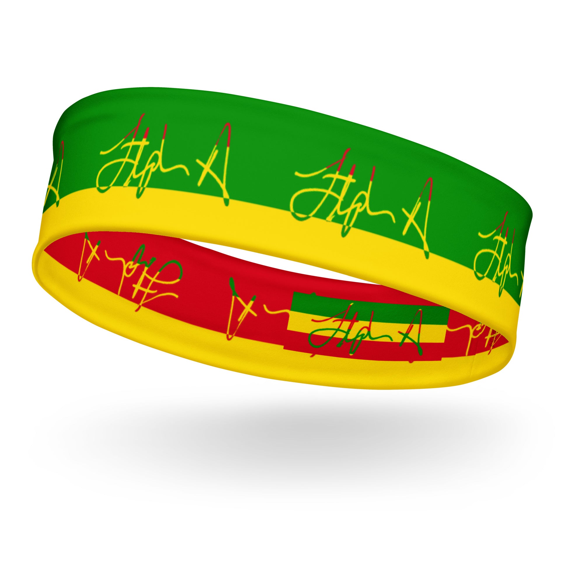 A silicone headband featuring the green, yellow, and red horizontal stripes of the Rastafarian flag, decorated with green and yellow script signatures on a white background. Stephen Allen Music
