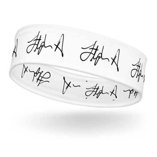 A white silicone wristband featuring multiple black printed signatures, shown floating against a clean white background with a soft shadow underneath. Stephen Allen Music