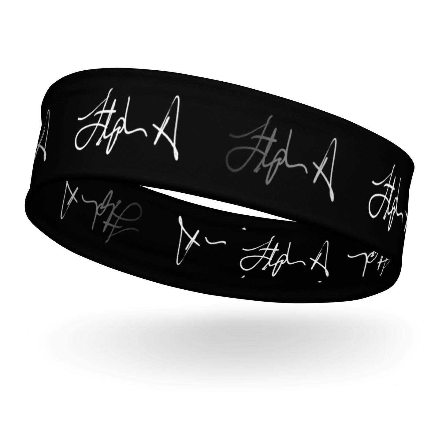 A black silicone headband featuring an all-over repeating white script pattern, shown floating against a clean white background with a soft drop shadow. Stephen Allen Music