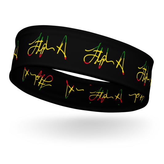 A black athletic headband featuring a repeating pattern of stylized yellow script signatures with red and green accents, shown floating against a white background with a soft shadow. Stephen Allen Music