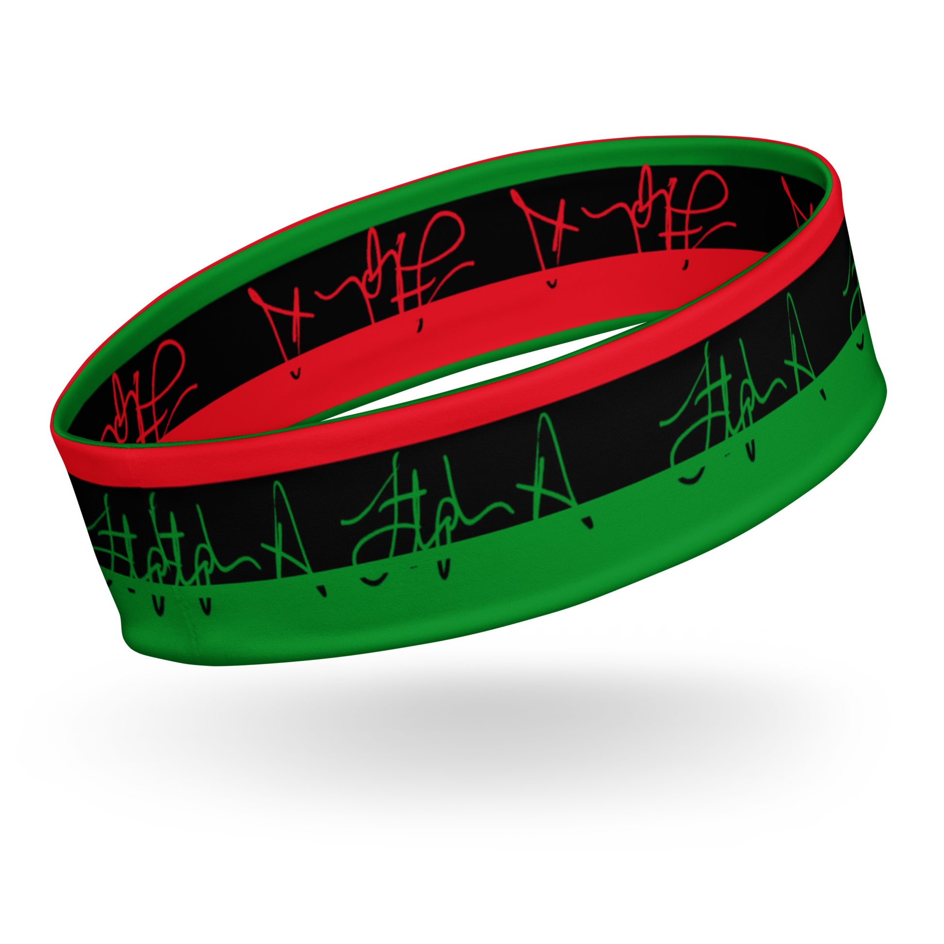 A silicone wristband featuring a black outer band with green and red heartbeat line patterns, a red inner band, and a green outer edge, shown floating on a white background with a soft shadow. Stephen Allen Music