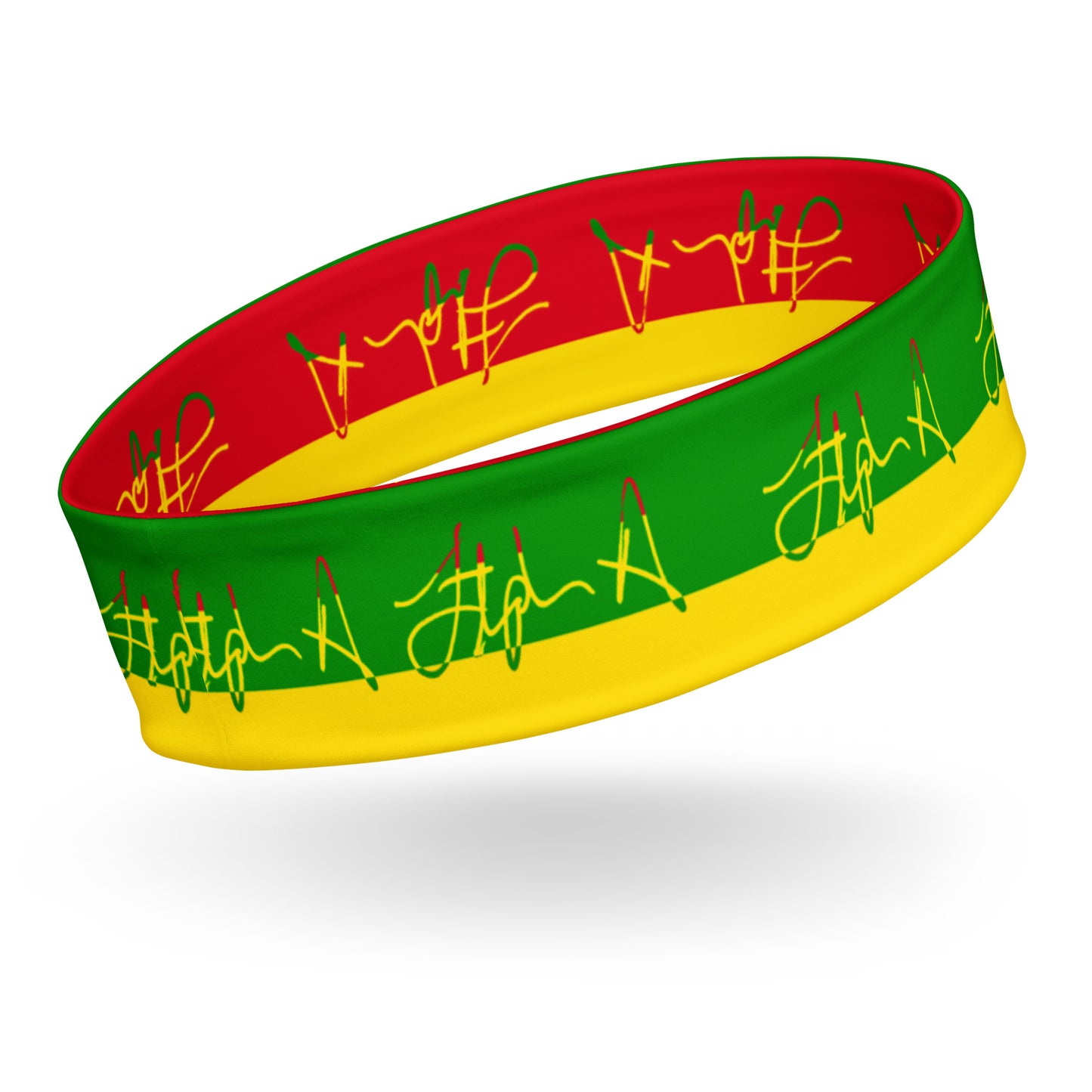A silicone wristband featuring horizontal stripes of red, green, and yellow with stylized script logos printed across the surface, shown floating on a white background with a soft shadow. Stephen Allen Music