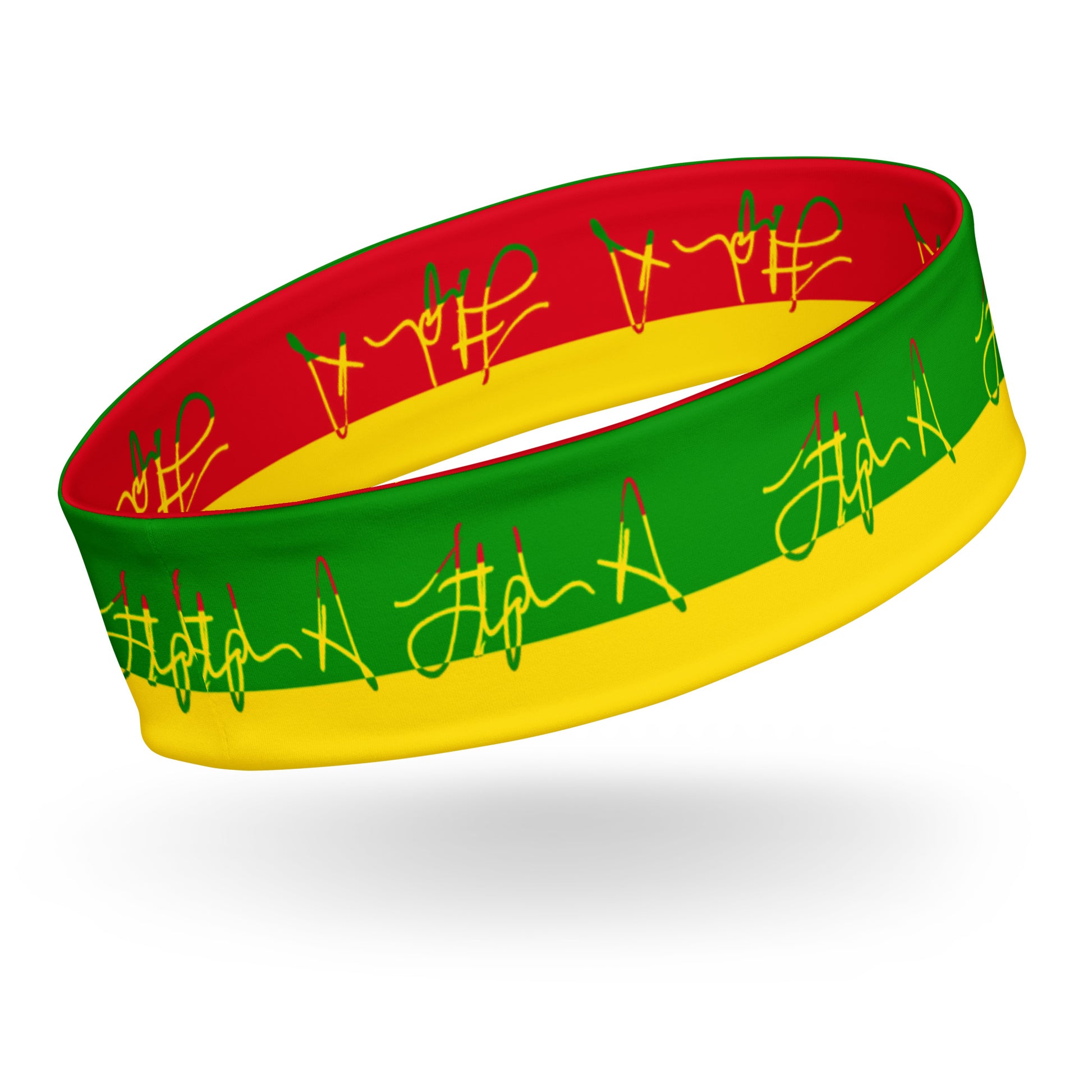A silicone wristband featuring horizontal stripes of red, green, and yellow with stylized script logos printed across the surface, shown floating on a white background with a soft shadow. Stephen Allen Music
