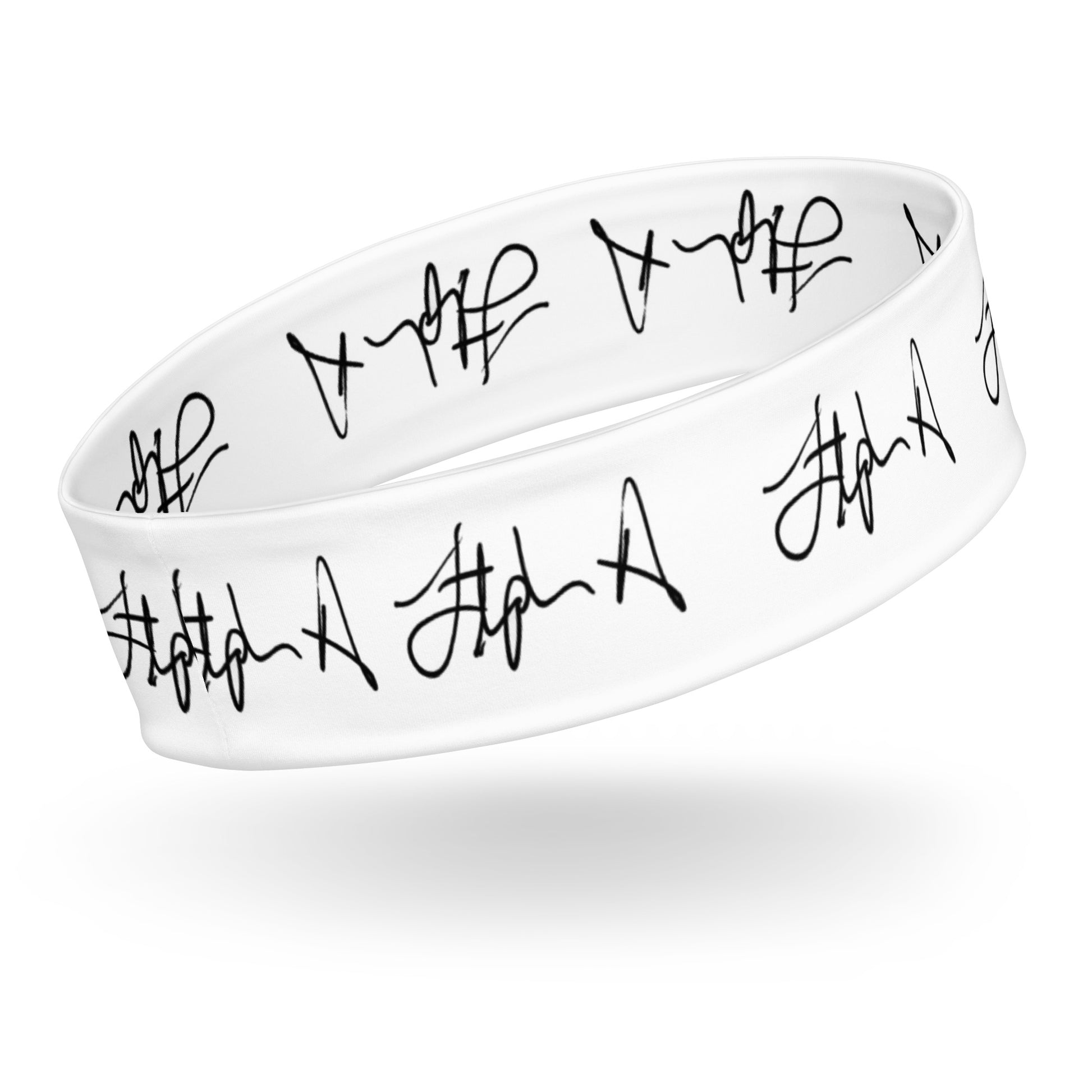 A white silicone wristband featuring a repeating black script signature pattern, shown floating against a clean white background with a soft shadow underneath. Stephen Allen Music