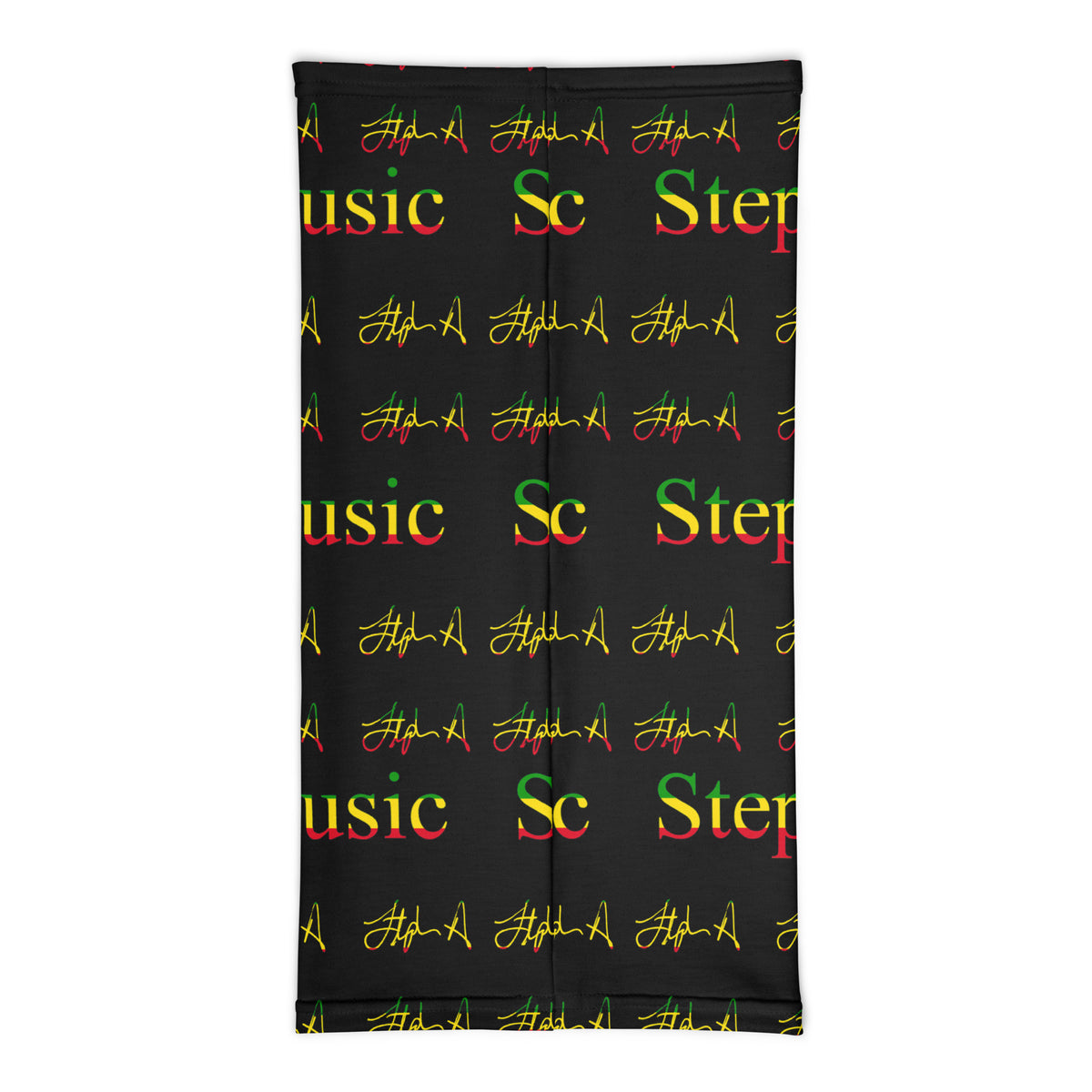 A rectangular black towel or blanket featuring a repeating pattern of 'Stephen Allen Music' in green, yellow, and red, with stylized script signatures in red and green.