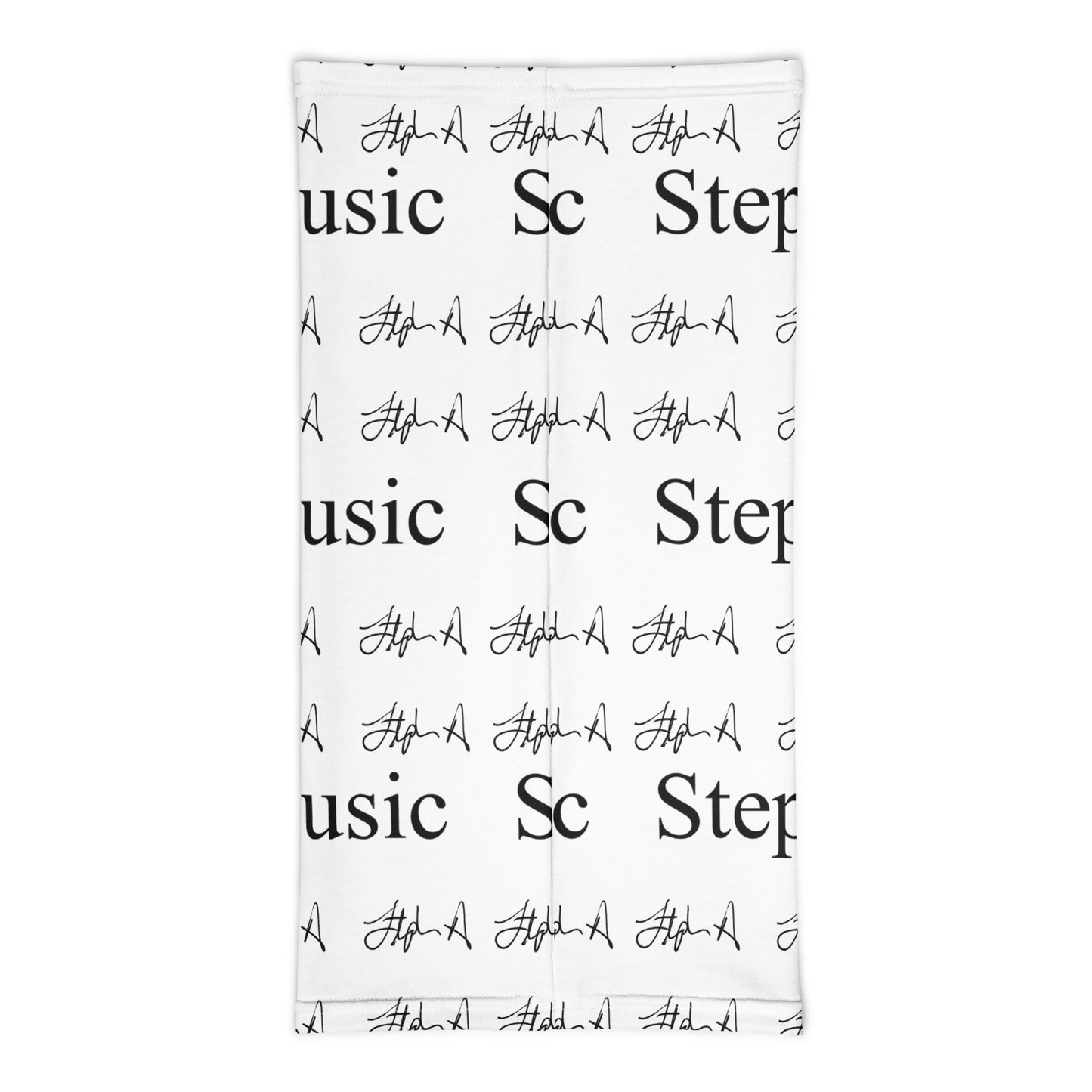 A white rectangular towel or mat featuring a repeating black pattern of the text 'Stephen Allen Music' and stylized script signatures, shown flat against a light gray background.