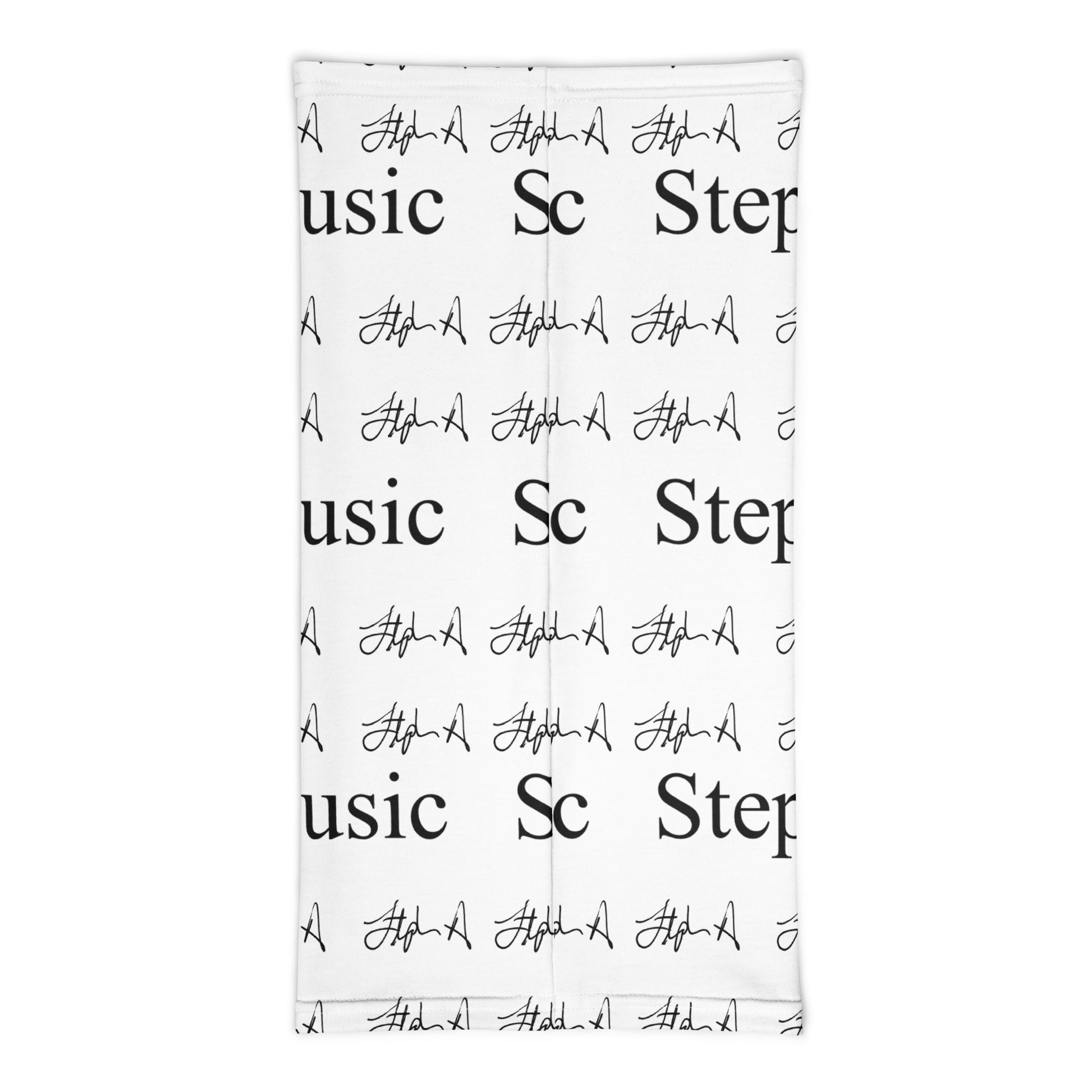 A white rectangular towel or mat featuring a repeating black pattern of the text 'Stephen Allen Music' and stylized script signatures, shown flat against a light gray background.