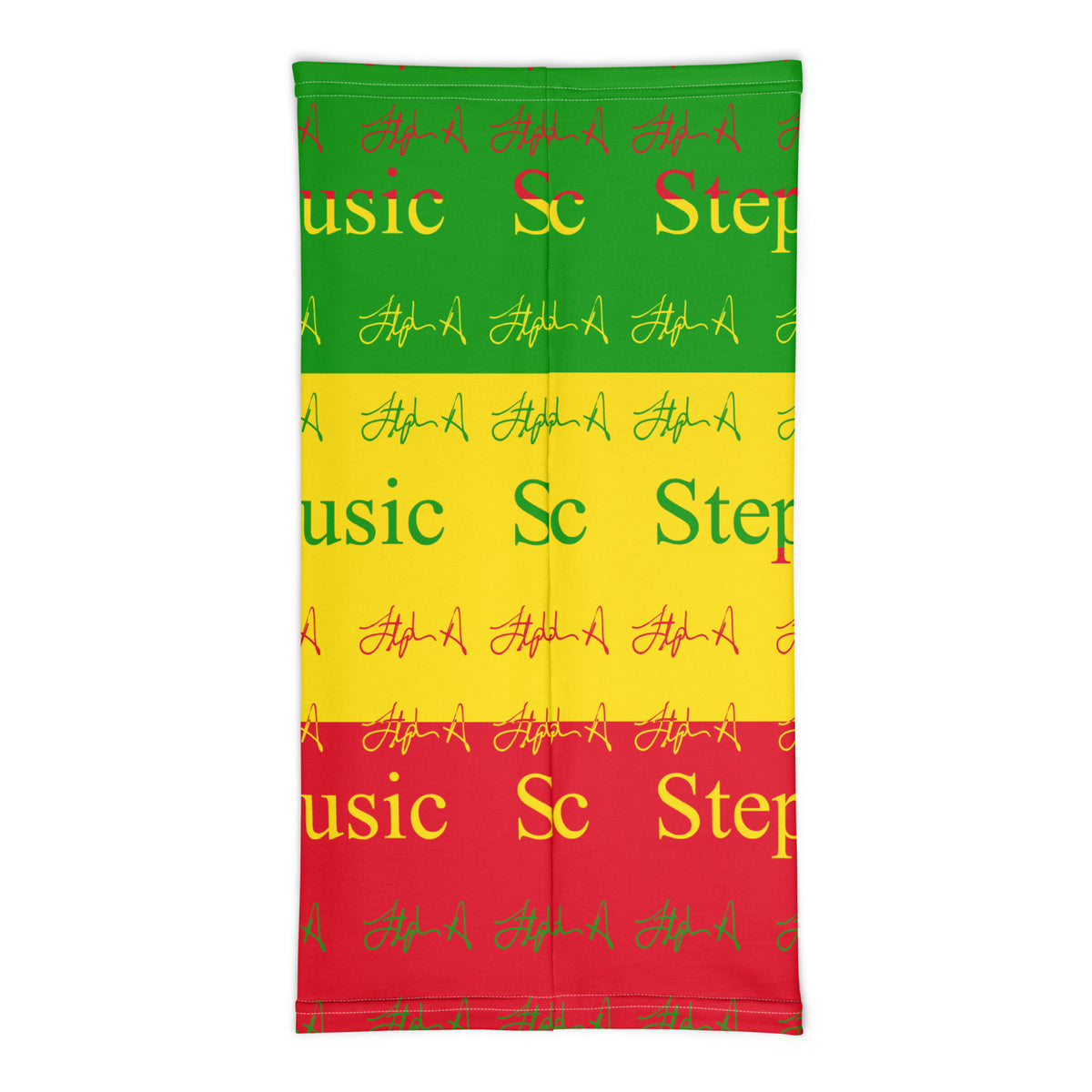 A rectangular beach towel featuring the Rastafarian flag colors of green, yellow, and red, printed with 'Stephen Allen Music' and multiple stylized signature graphics.