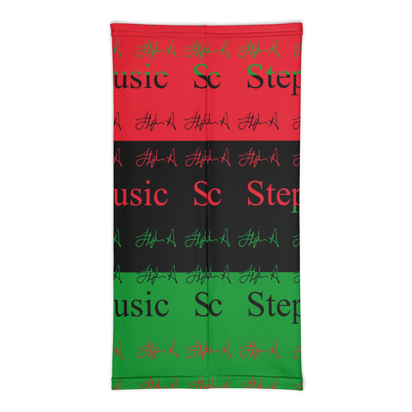 A rectangular towel featuring a horizontal striped pattern of red, black, and green, with 'Stephen Allen Music' text and stylized signatures printed across it, shown on a plain white background.
