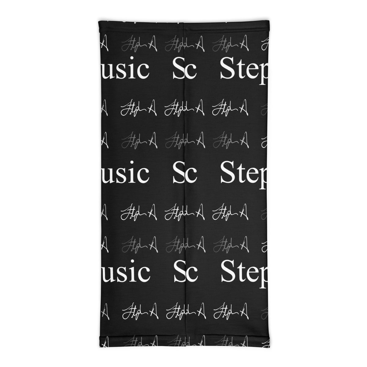 A rectangular black towel or mat featuring a repeating white pattern of 'Stephen Allen Music' text and stylized signatures, shown flat against a white background.