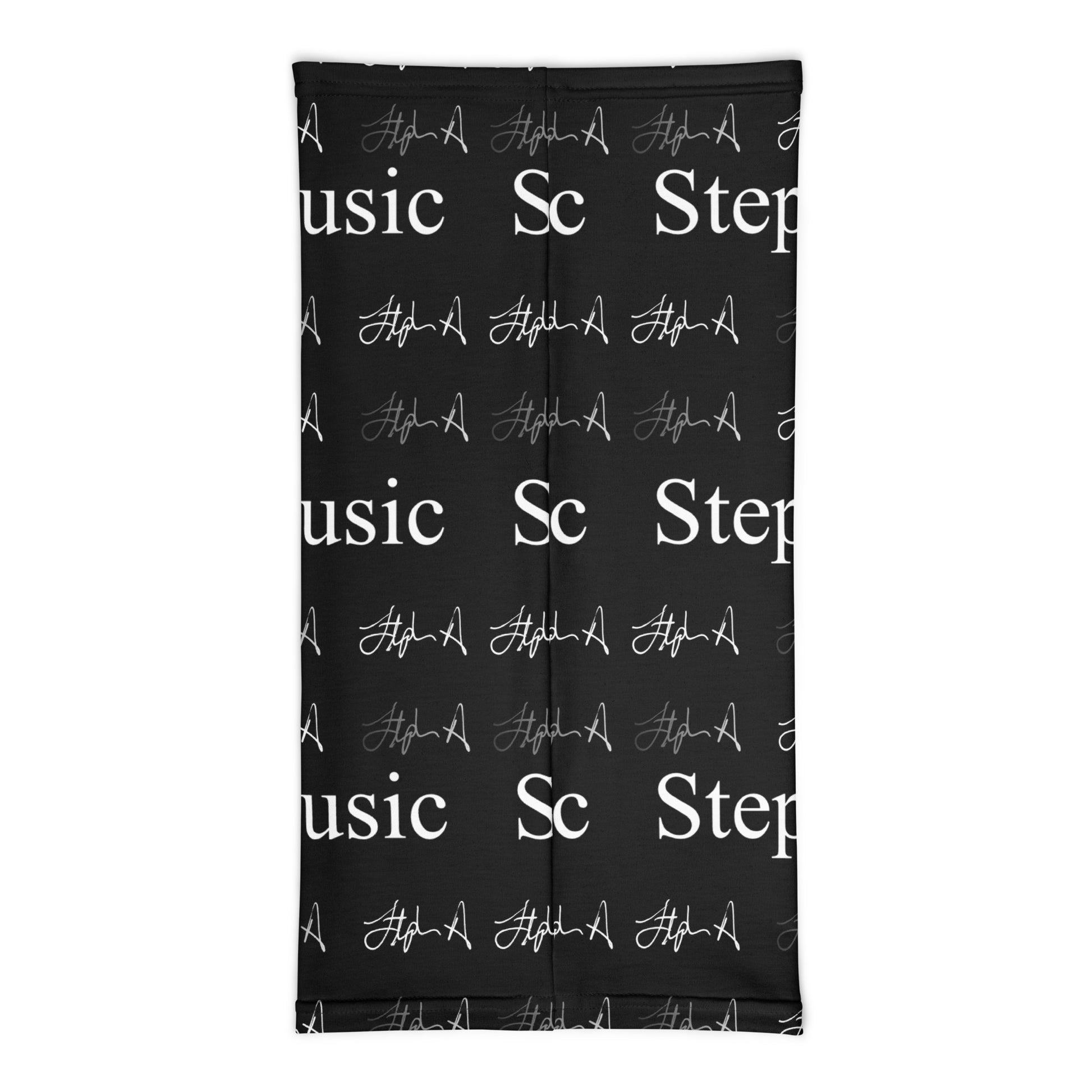 A rectangular black towel or mat featuring a repeating white pattern of 'Stephen Allen Music' text and stylized signatures, shown flat against a white background.