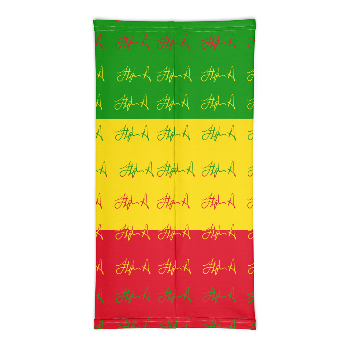 A rectangular flag or banner with a horizontal tricolor pattern of green, yellow, and red, featuring a repeating pattern of stylized red and yellow signatures. Stephen Allen Music