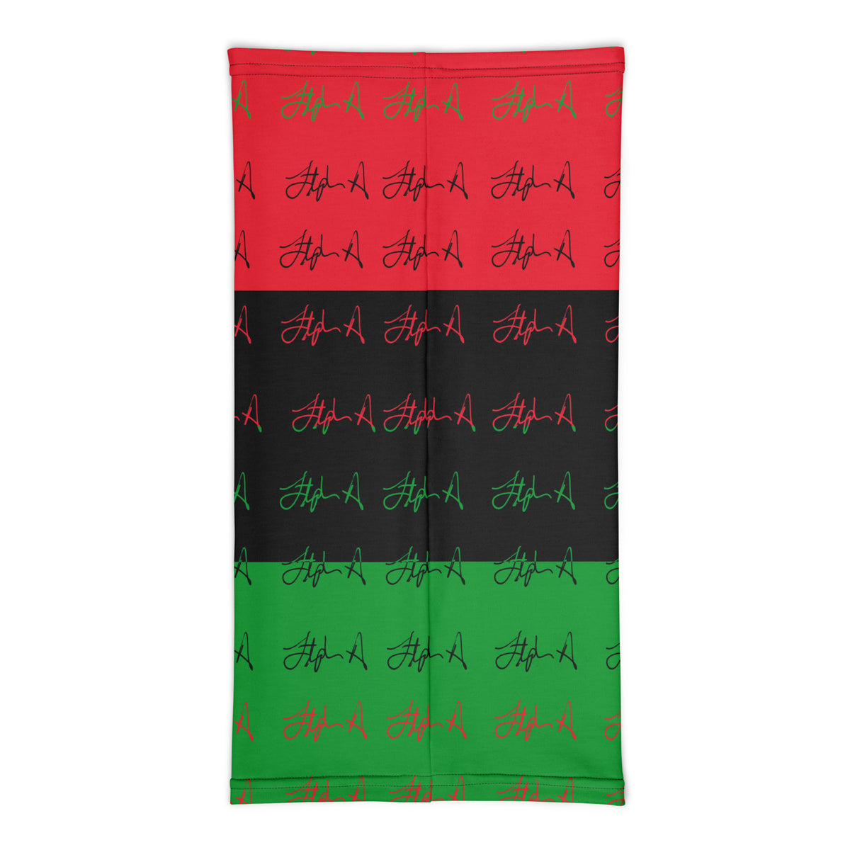 A rectangular fabric item, likely a blanket or towel, featuring a horizontal striped pattern of red, black, and green, with a repeating script logo pattern in green and red. Stephen Allen Music