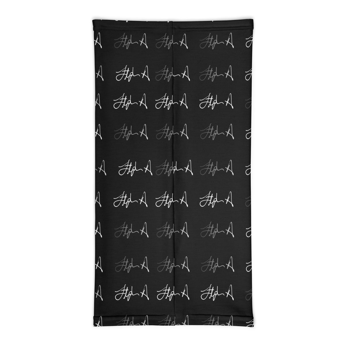 A rectangular black fabric item, likely a blanket or towel, featuring a repeating pattern of stylized white script text that reads 'Stephen Allen Music' or similar, shown flat against a solid white background.