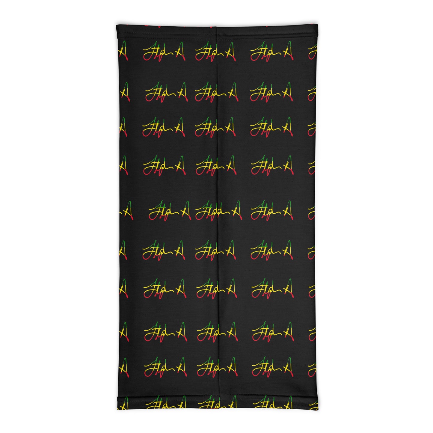 A rectangular black fabric item, likely a towel or blanket, featuring a repeating pattern of the word 'Stephen Allen Music' written in yellow script with red and green accents, displayed against a solid white background.