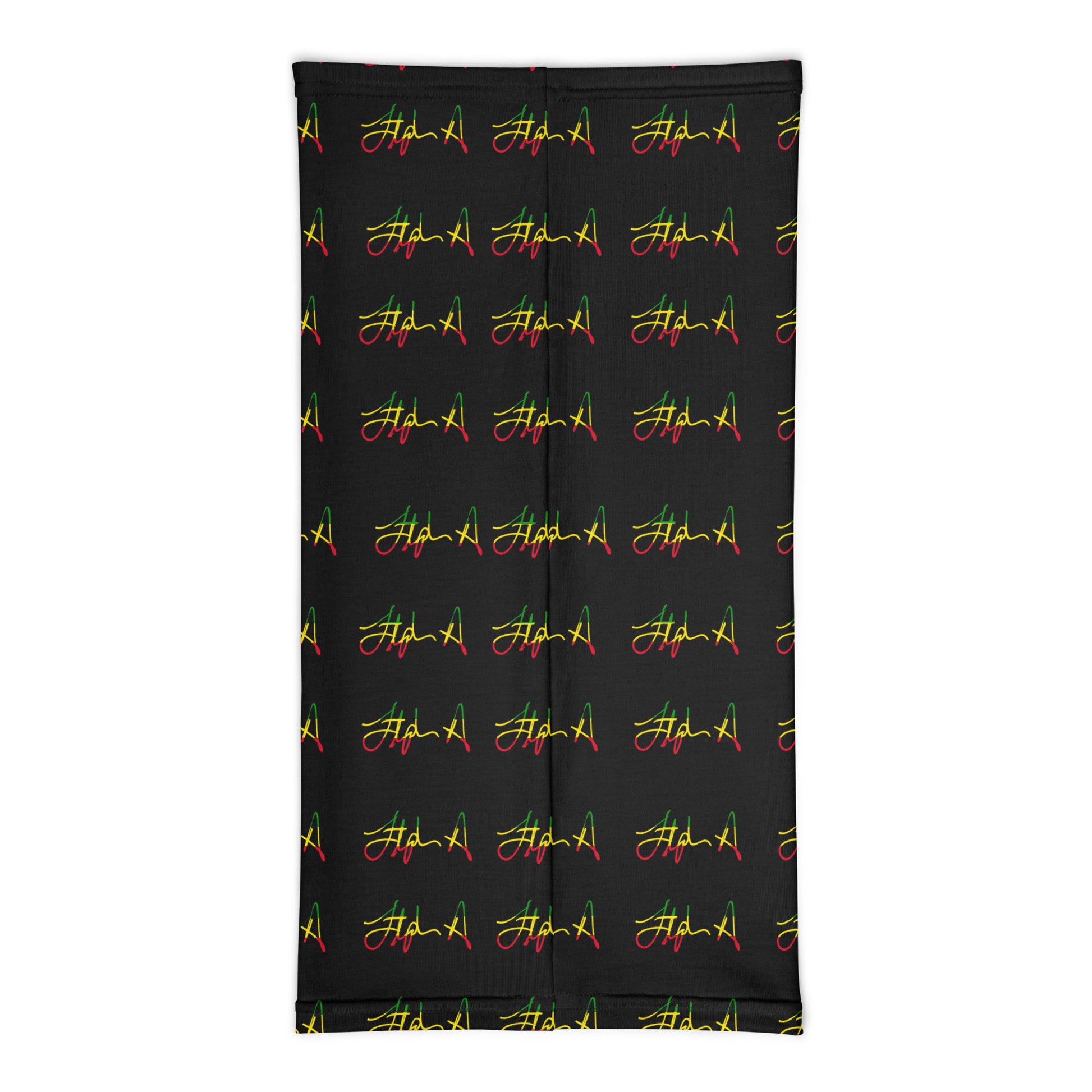 A rectangular black fabric item, likely a towel or blanket, featuring a repeating pattern of the word 'Stephen Allen Music' written in yellow script with red and green accents, displayed against a solid white background.