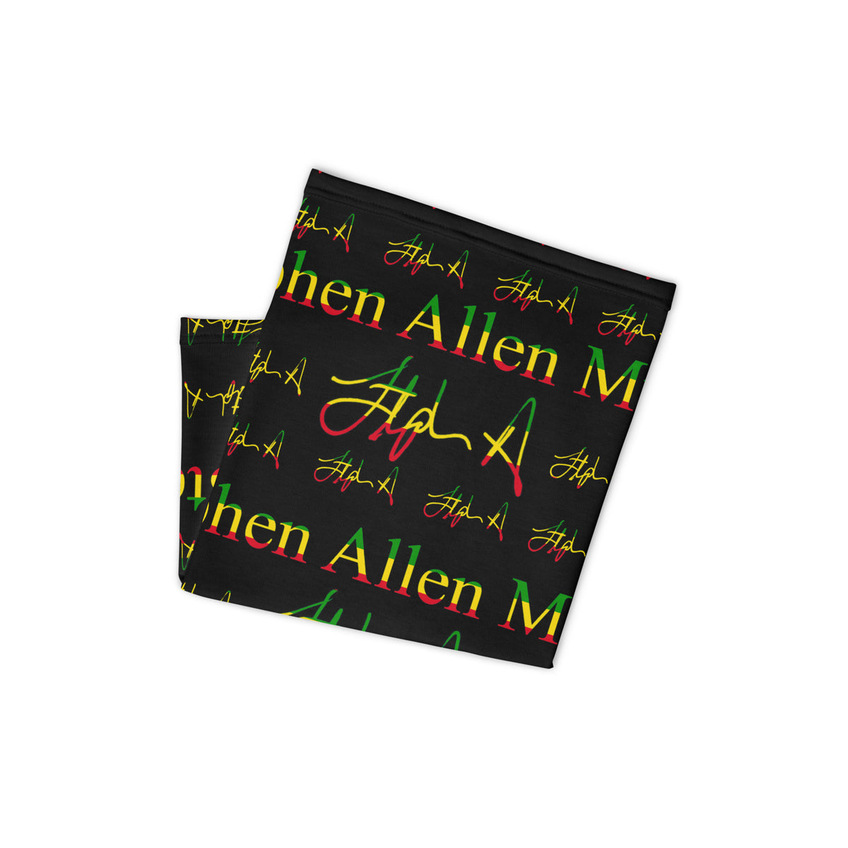 A rectangular black towel or blanket featuring a repeating pattern of 'Stephen Allen Music' in green, yellow, and red, with stylized script signatures in red and green.
