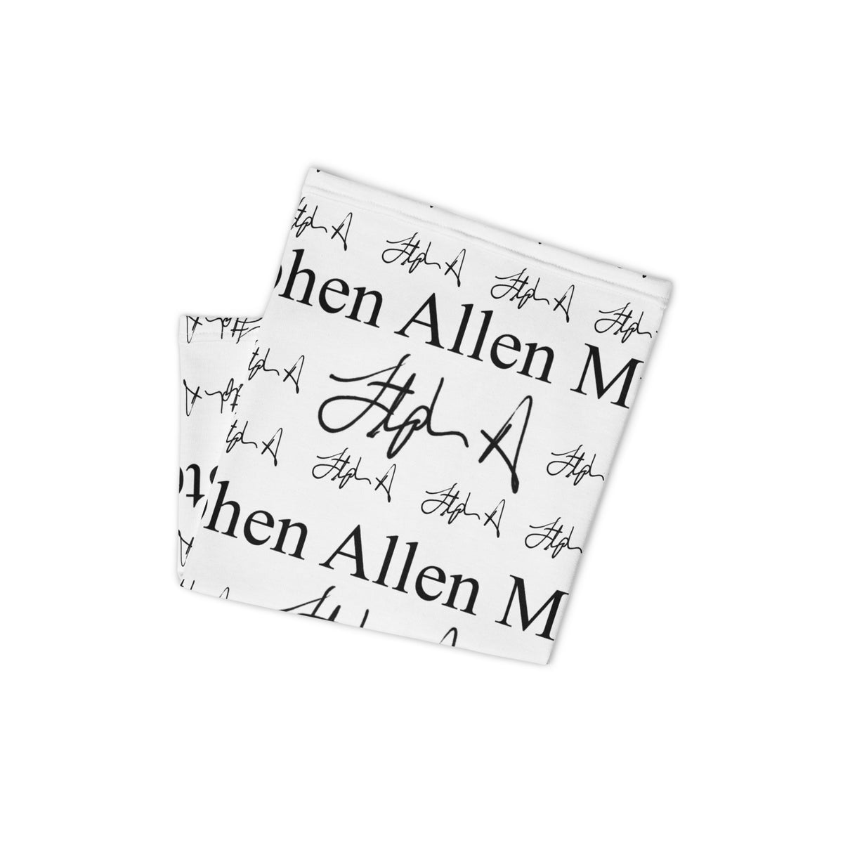 A white rectangular towel or mat featuring a repeating black pattern of the text 'Stephen Allen Music' and stylized script signatures, shown flat against a light gray background.