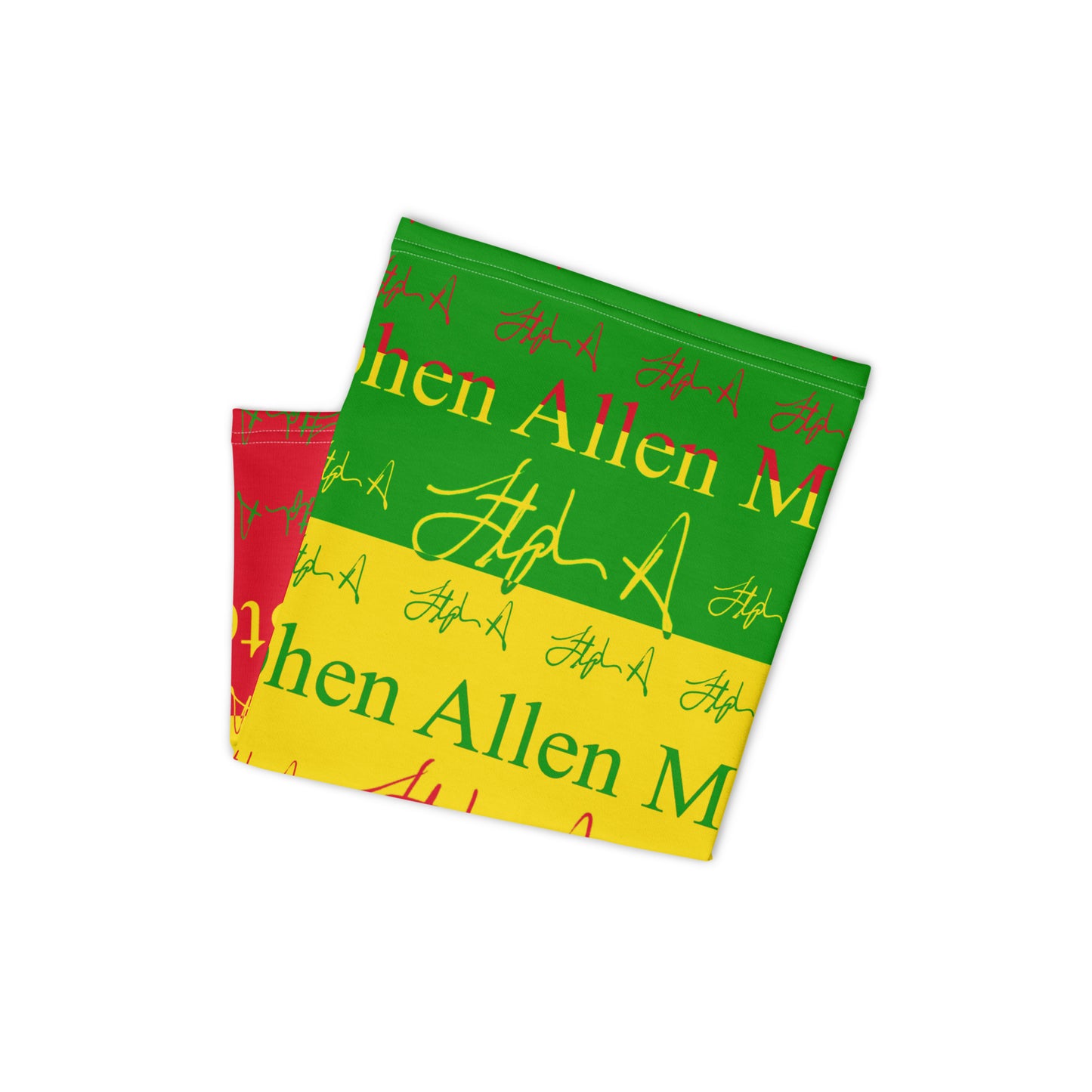 A rectangular beach towel featuring the Rastafarian flag colors of green, yellow, and red, printed with 'Stephen Allen Music' and multiple stylized signature graphics.