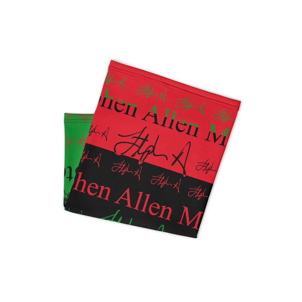 A rectangular towel featuring a horizontal striped pattern of red, black, and green, with 'Stephen Allen Music' text and stylized signatures printed across it, shown on a plain white background.
