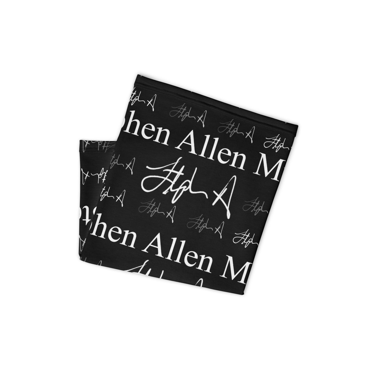 A rectangular black towel or mat featuring a repeating white pattern of 'Stephen Allen Music' text and stylized signatures, shown flat against a white background.