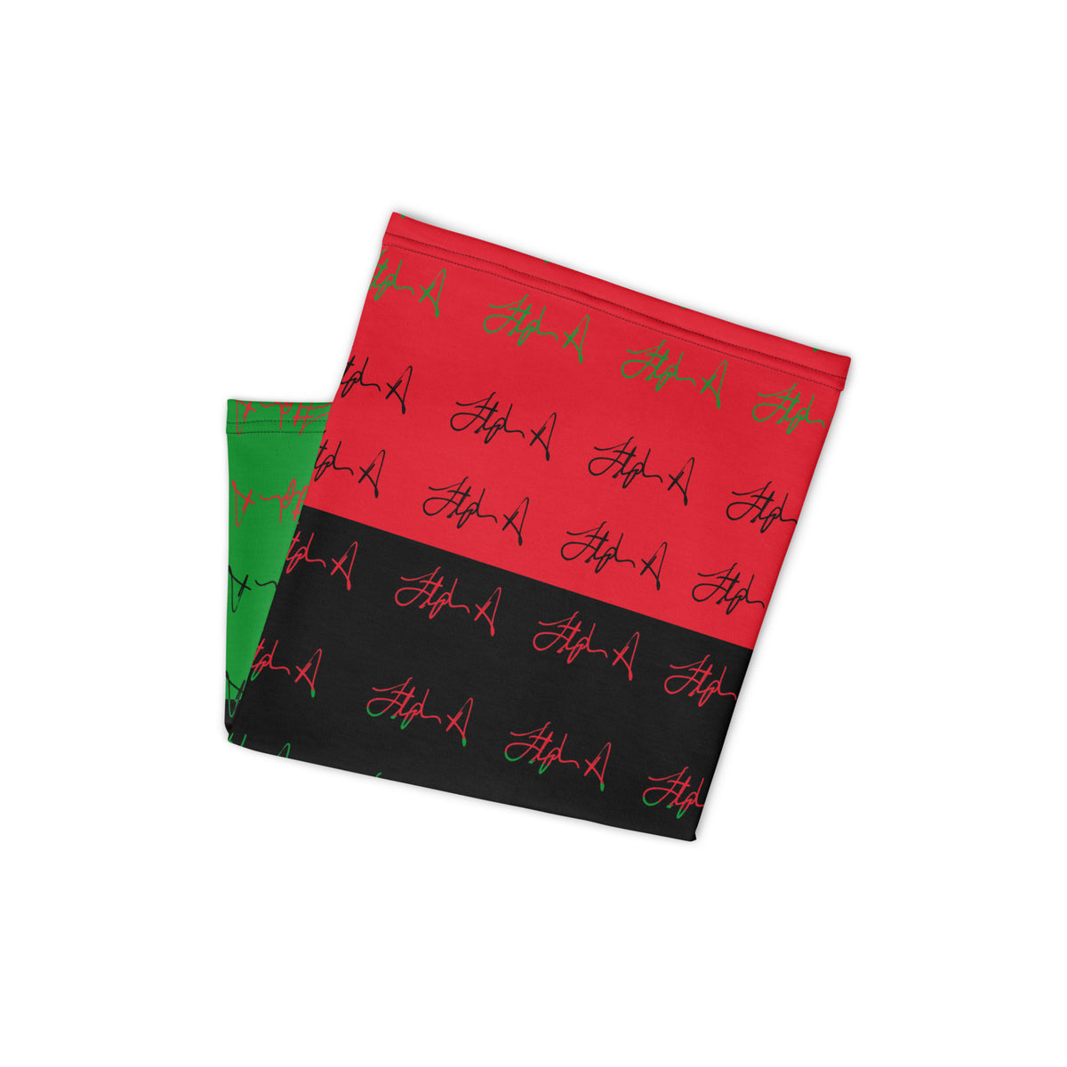 A rectangular fabric item, likely a blanket or towel, featuring a horizontal striped pattern of red, black, and green, with a repeating script logo pattern in green and red. Stephen Allen Music