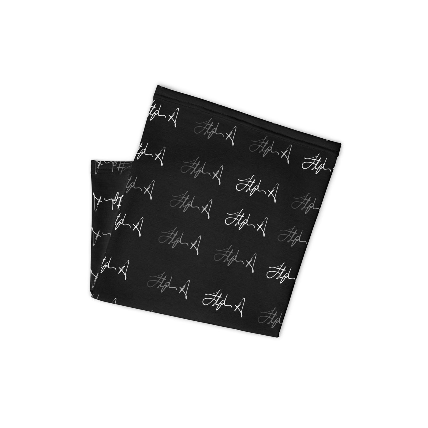 A rectangular black fabric item, likely a blanket or towel, featuring a repeating pattern of stylized white script text that reads 'Stephen Allen Music' or similar, shown flat against a solid white background.