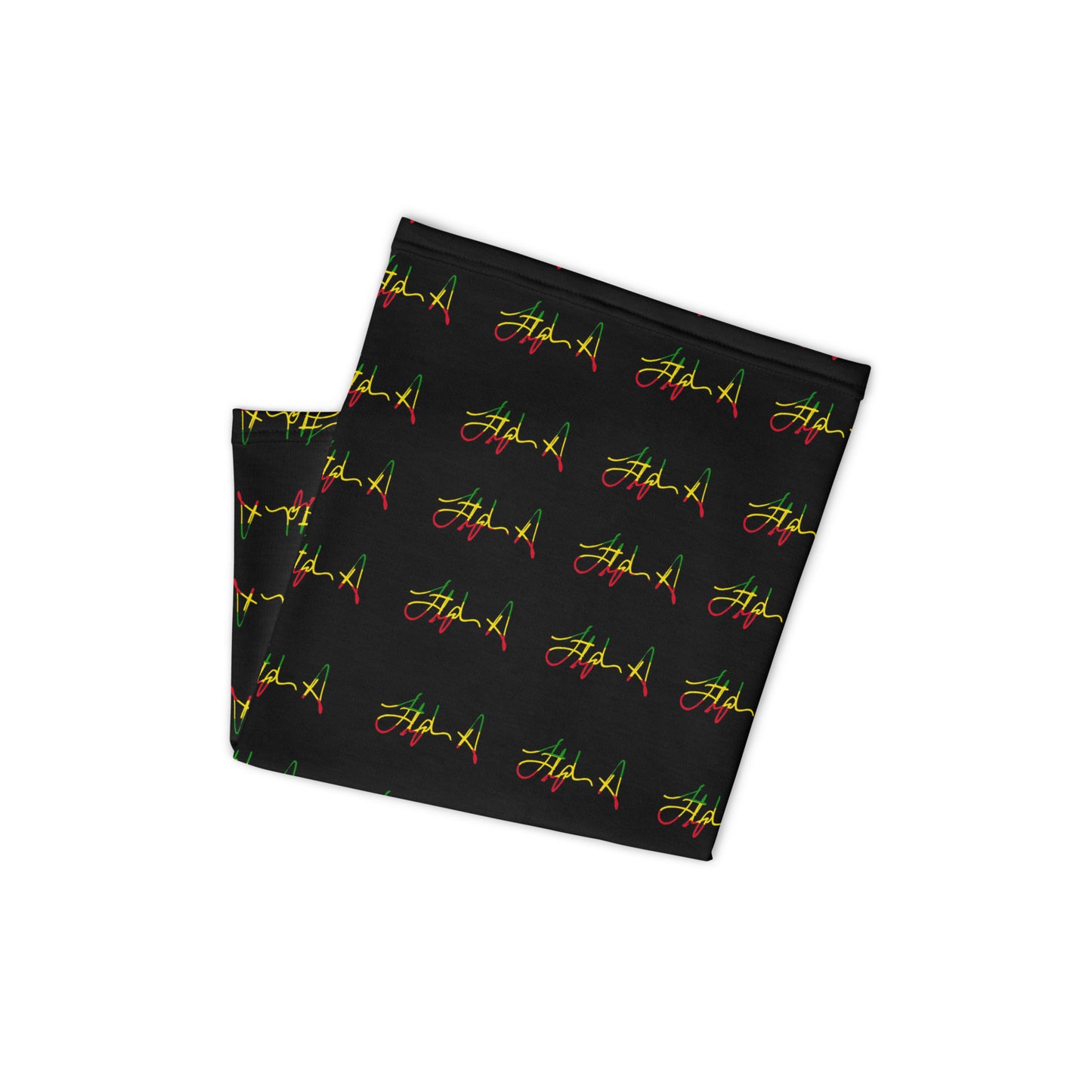 A rectangular black fabric item, likely a towel or blanket, featuring a repeating pattern of the word 'Stephen Allen Music' written in yellow script with red and green accents, displayed against a solid white background.