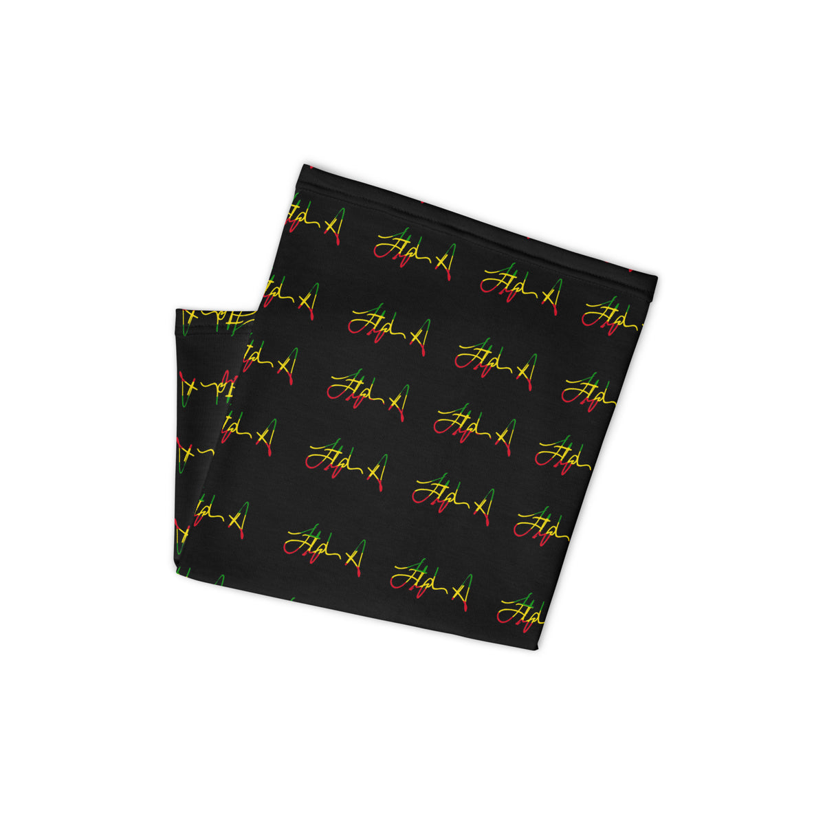 A rectangular black fabric item, likely a towel or blanket, featuring a repeating pattern of the word 'Stephen Allen Music' written in yellow script with red and green accents, displayed against a solid white background.