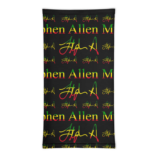 A rectangular black towel or blanket featuring a repeating pattern of 'Stephen Allen Music' in green, yellow, and red, with stylized script signatures in red and green.