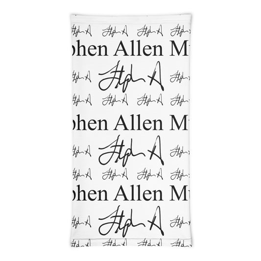 A white rectangular towel or mat featuring a repeating black pattern of the text 'Stephen Allen Music' and stylized script signatures, shown flat against a light gray background.