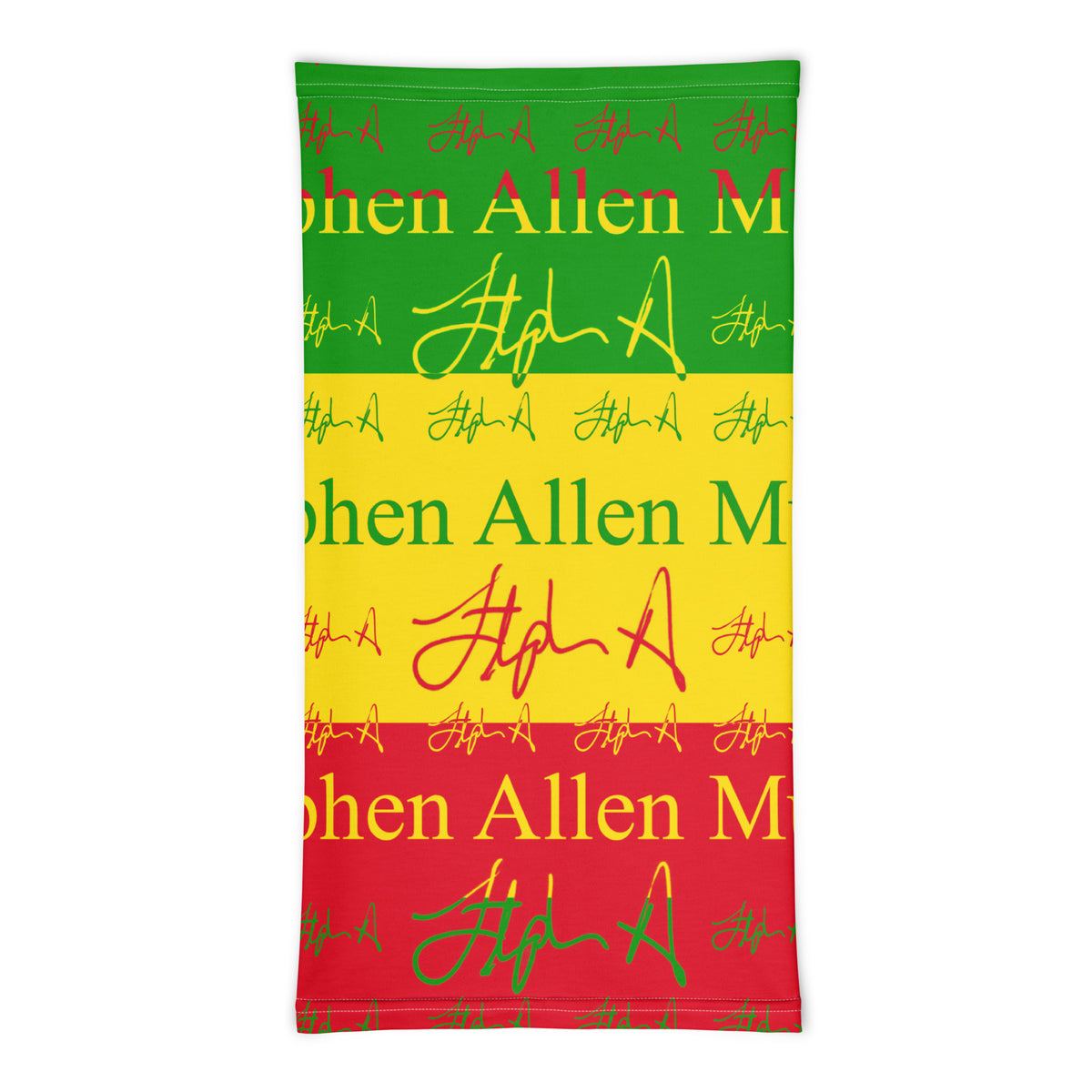 A rectangular beach towel featuring the Rastafarian flag colors of green, yellow, and red, printed with 'Stephen Allen Music' and multiple stylized signature graphics.