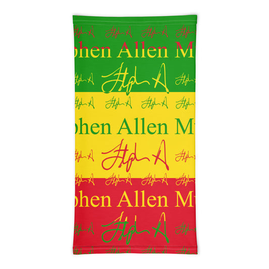 A rectangular beach towel featuring the Rastafarian flag colors of green, yellow, and red, printed with 'Stephen Allen Music' and multiple stylized signature graphics.