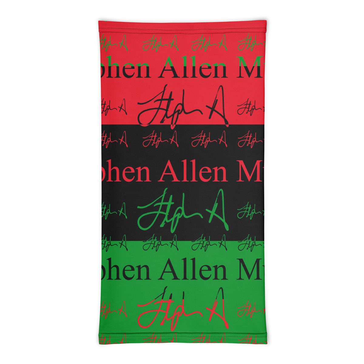 A rectangular towel featuring a horizontal striped pattern of red, black, and green, with 'Stephen Allen Music' text and stylized signatures printed across it, shown on a plain white background.