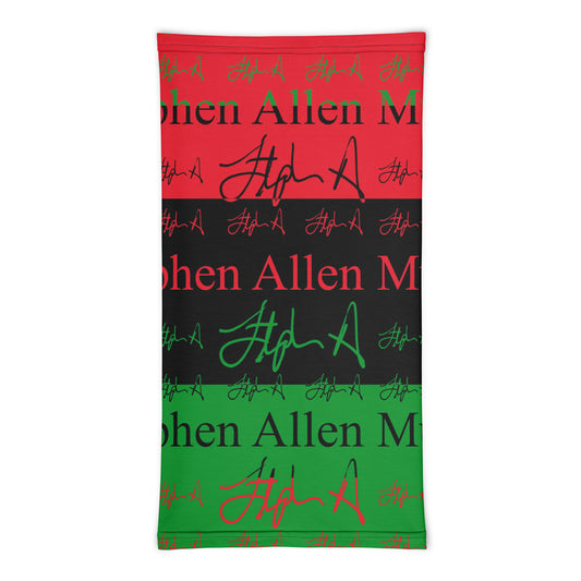 A rectangular towel featuring a horizontal striped pattern of red, black, and green, with 'Stephen Allen Music' text and stylized signatures printed across it, shown on a plain white background.